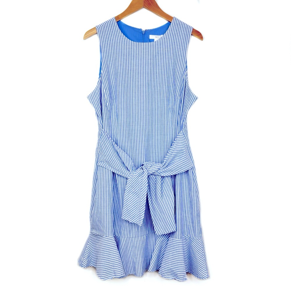 Nordstrom 1901 Blue and White Striped Sleeveless Ruffle Cotton Dress Sz 16